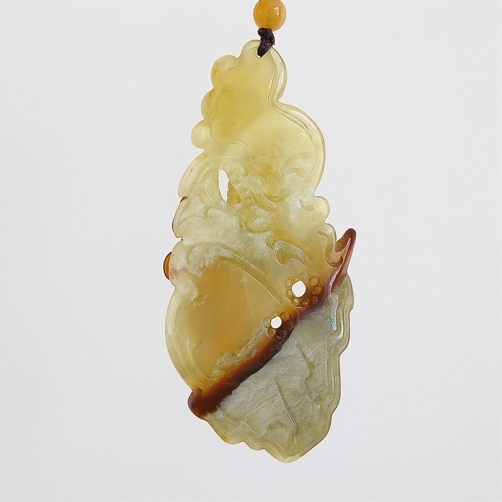 DDP 81mm Unique Untreated Natural Icy Brown Green Serpentine Jade 悟道 Amulet Pendant