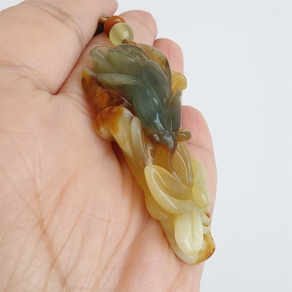 DDP 54mm Unique Untreated Natural Yellow Green Serpentine Jade Flower Pendant