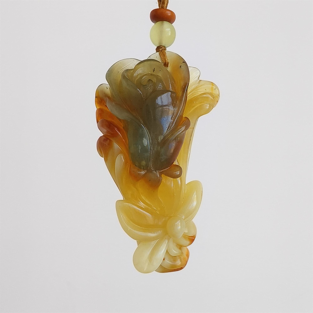 DDP 54mm Unique Untreated Natural Yellow Green Serpentine Jade Flower Pendant
