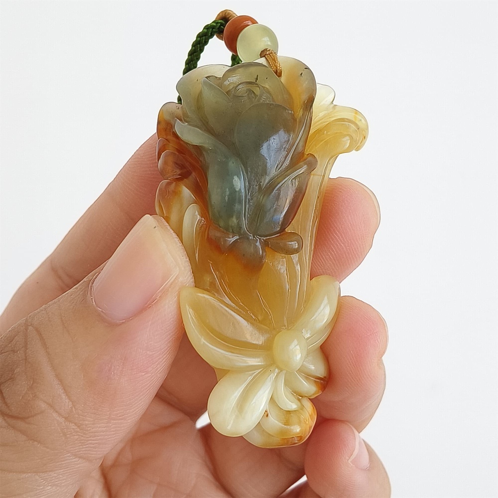 DDP 54mm Unique Untreated Natural Yellow Green Serpentine Jade Flower Pendant