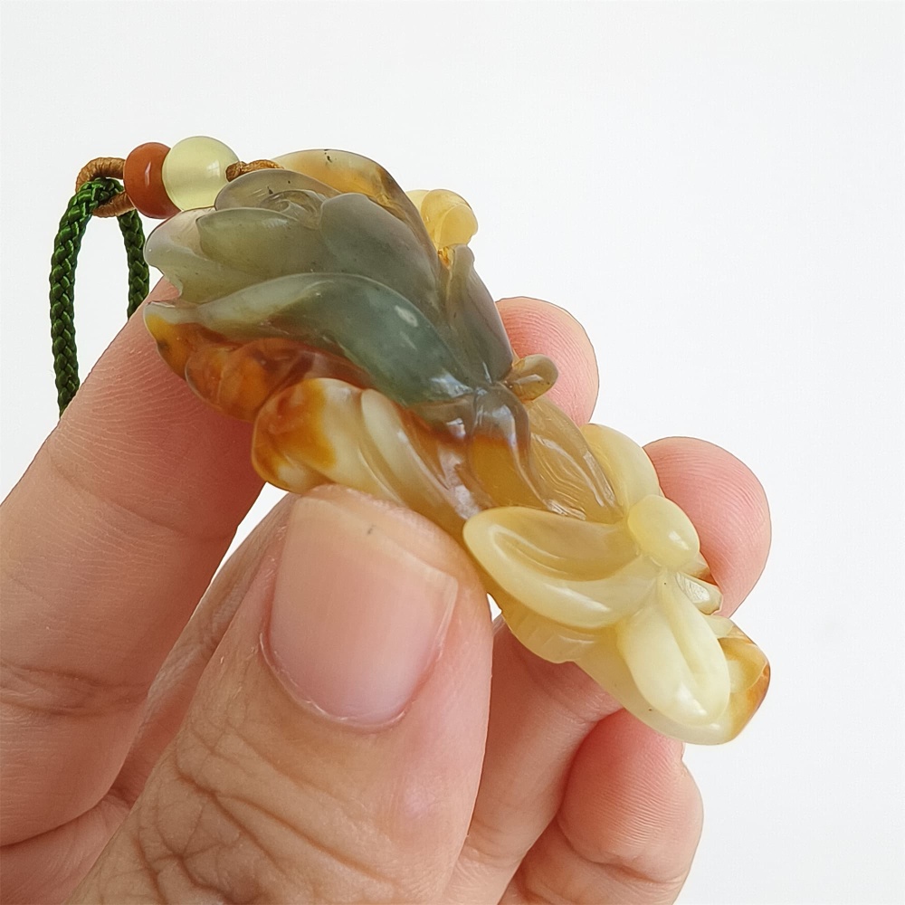 DDP 54mm Unique Untreated Natural Yellow Green Serpentine Jade Flower Pendant