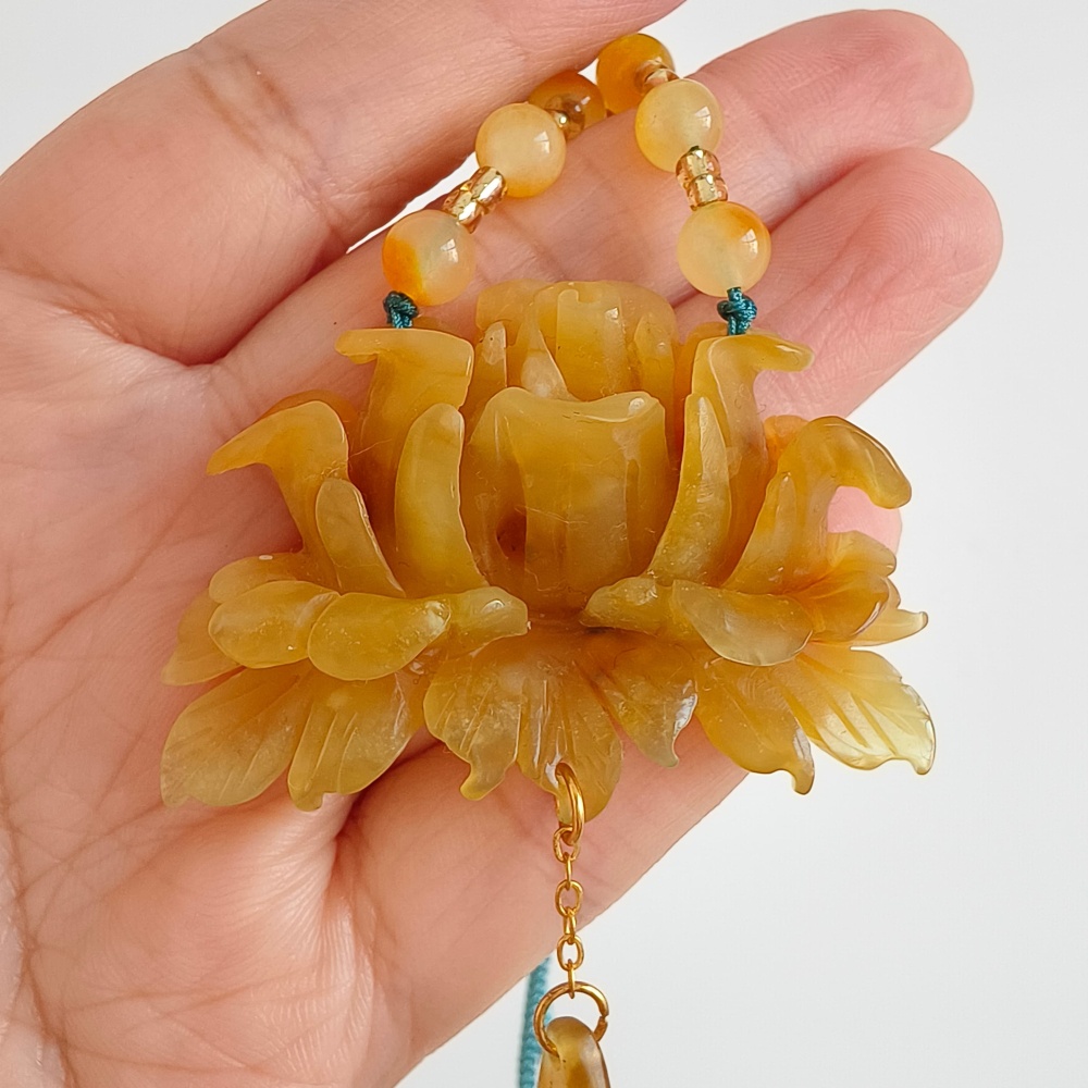 DDP 52mm Unique Untreated Natural Yellow Serpentine Jade Peony Pendant