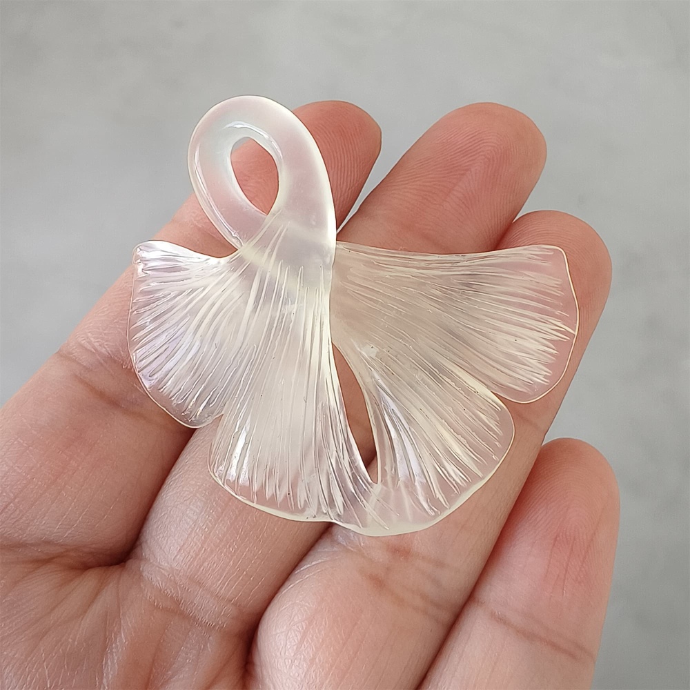 DDP 47mm Unique Untreated Natural Icy White Serpentine Jade Ginkgo Leaf Pendant