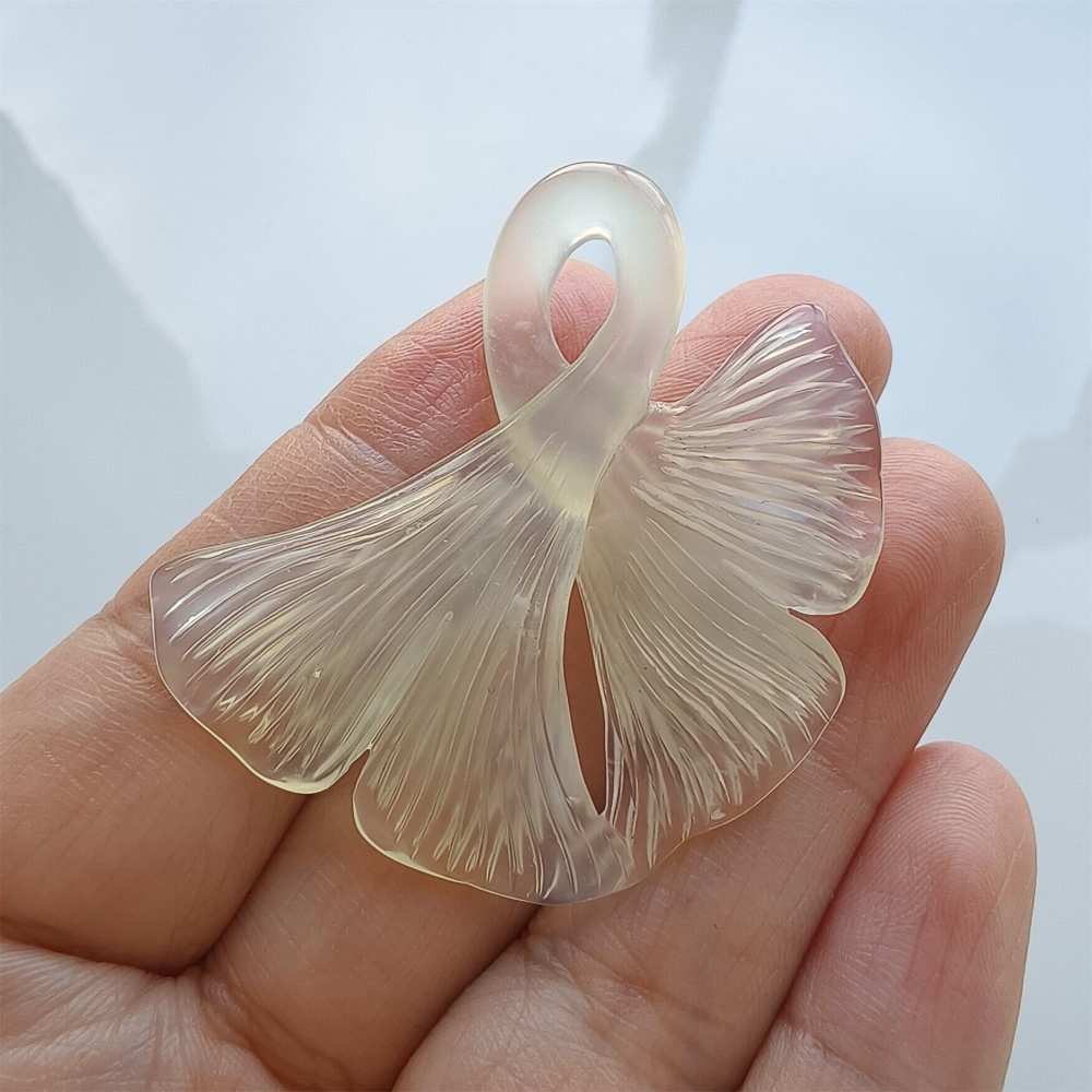 DDP 47mm Unique Untreated Natural Icy White Serpentine Jade Ginkgo Leaf Pendant