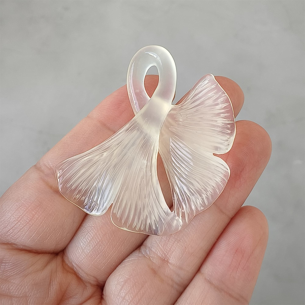 DDP 47mm Unique Untreated Natural Icy White Serpentine Jade Ginkgo Leaf Pendant