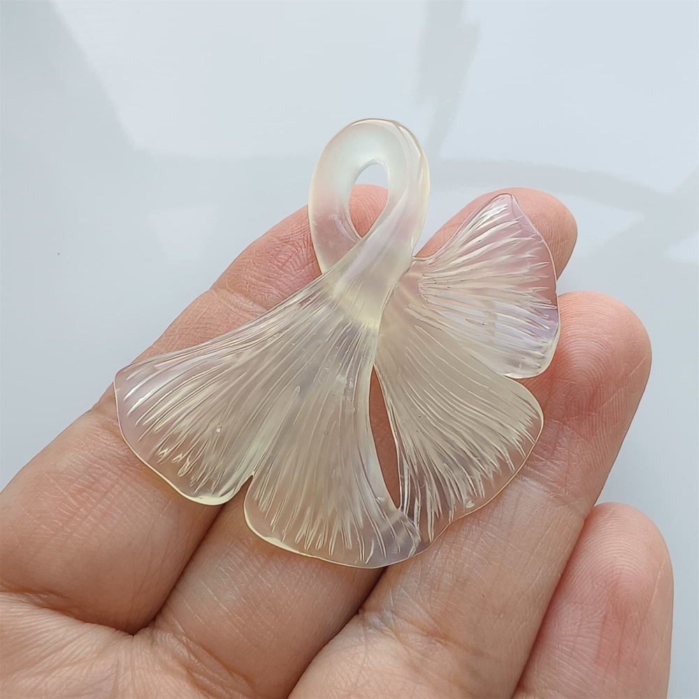 DDP 47mm Unique Untreated Natural Icy White Serpentine Jade Ginkgo Leaf Pendant