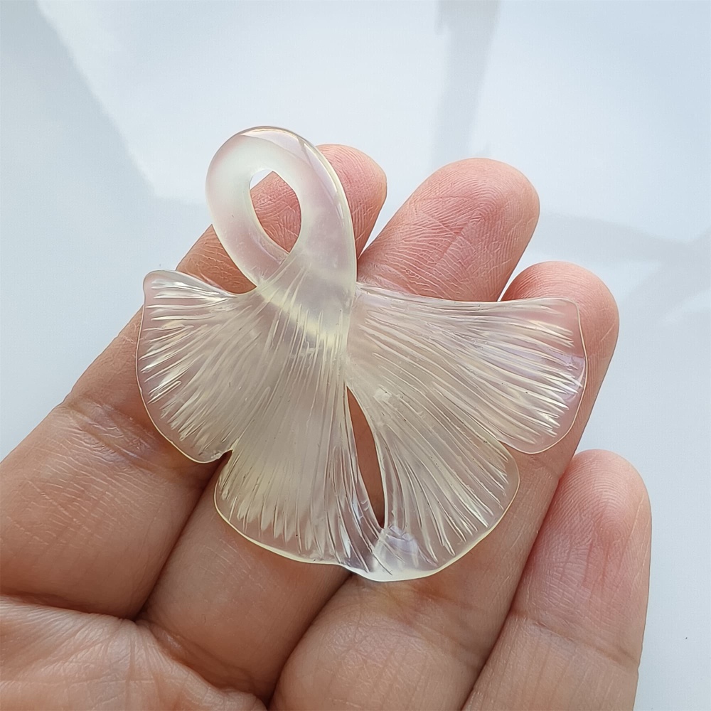 DDP 47mm Unique Untreated Natural Icy White Serpentine Jade Ginkgo Leaf Pendant