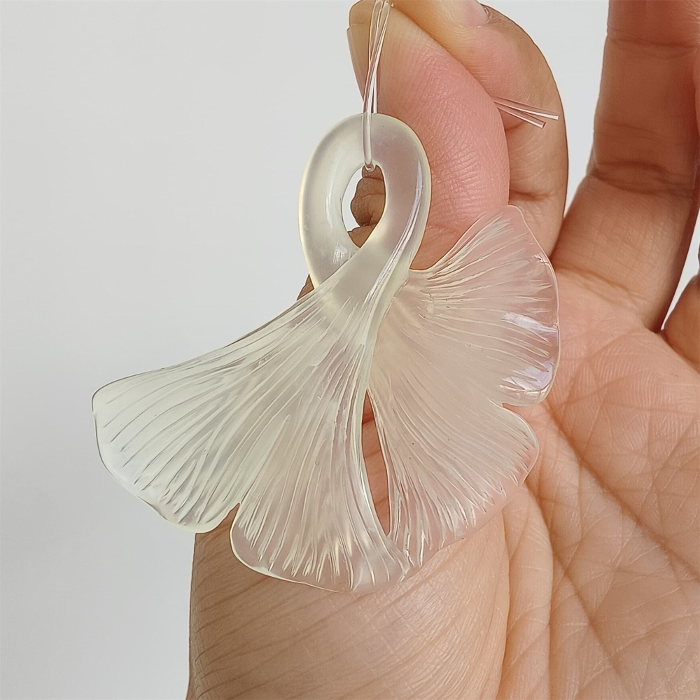 DDP 47mm Unique Untreated Natural Icy White Serpentine Jade Ginkgo Leaf Pendant