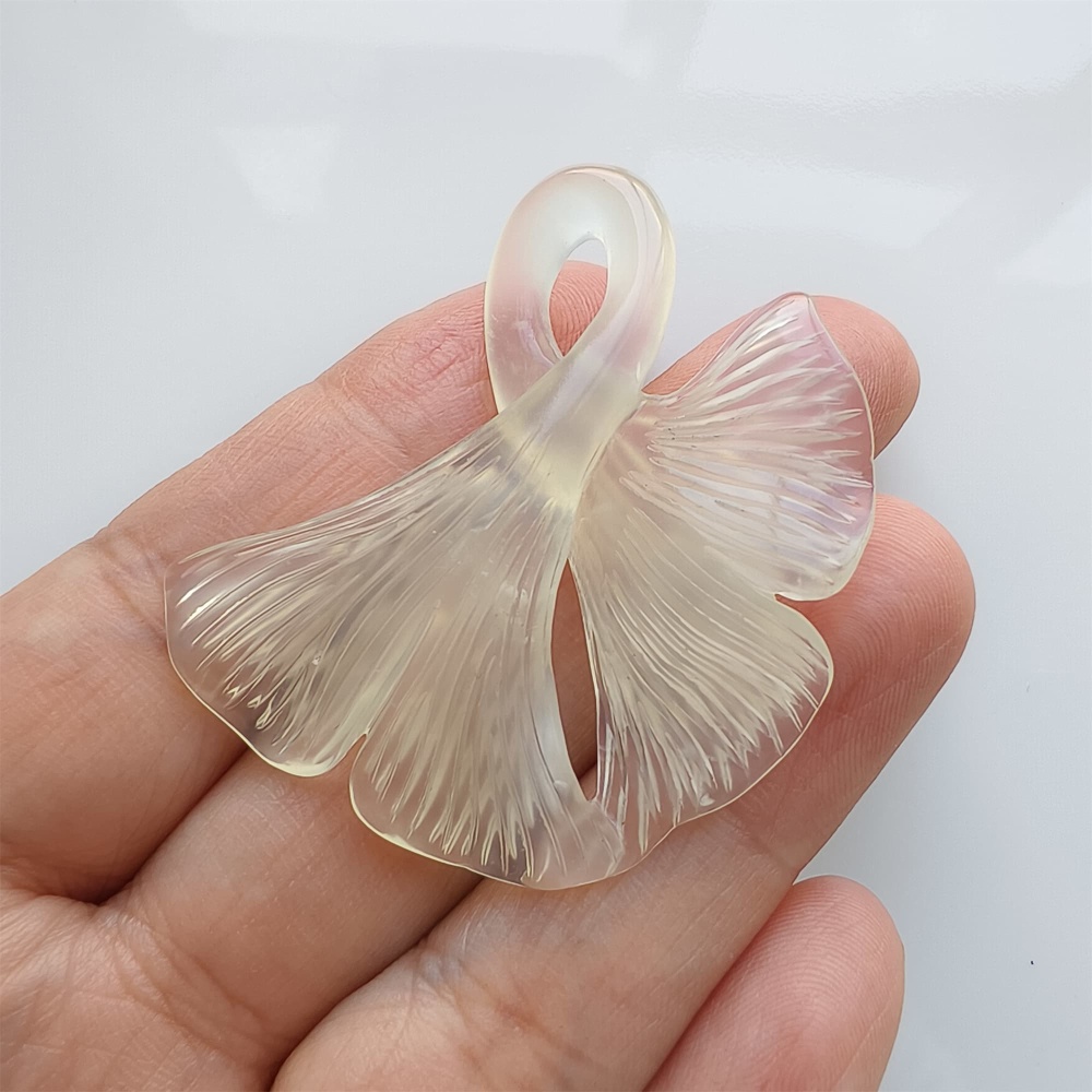DDP 47mm Unique Untreated Natural Icy White Serpentine Jade Ginkgo Leaf Pendant
