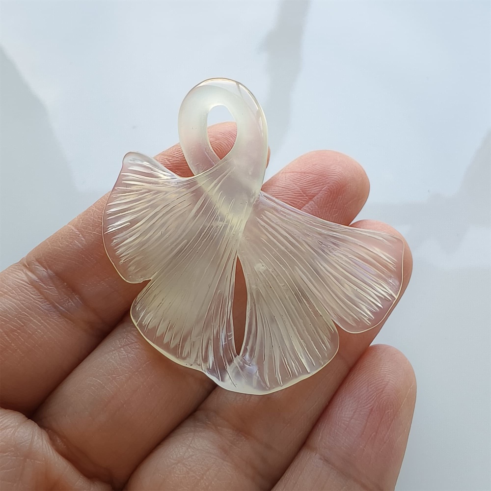 DDP 47mm Unique Untreated Natural Icy White Serpentine Jade Ginkgo Leaf Pendant