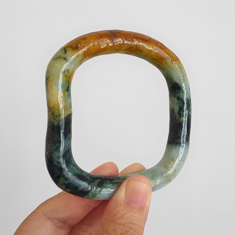 DDP Natural Certificated Multi Color Burmese Jadeite Alien Shape Band Bangle