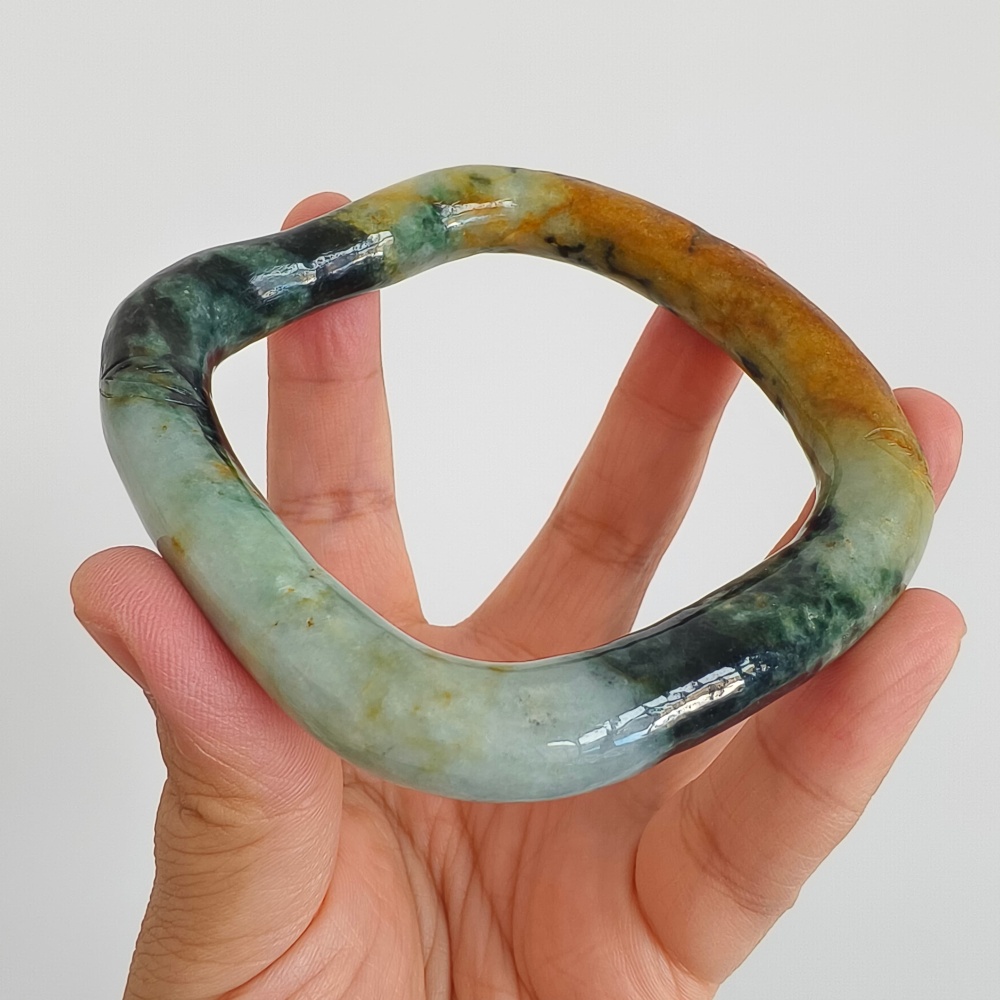 DDP Natural Certificated Multi Color Burmese Jadeite Alien Shape Band Bangle