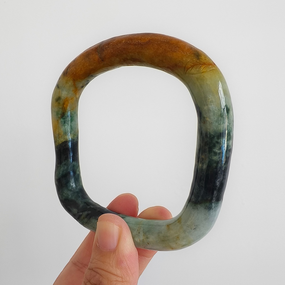 DDP Natural Certificated Multi Color Burmese Jadeite Alien Shape Band Bangle