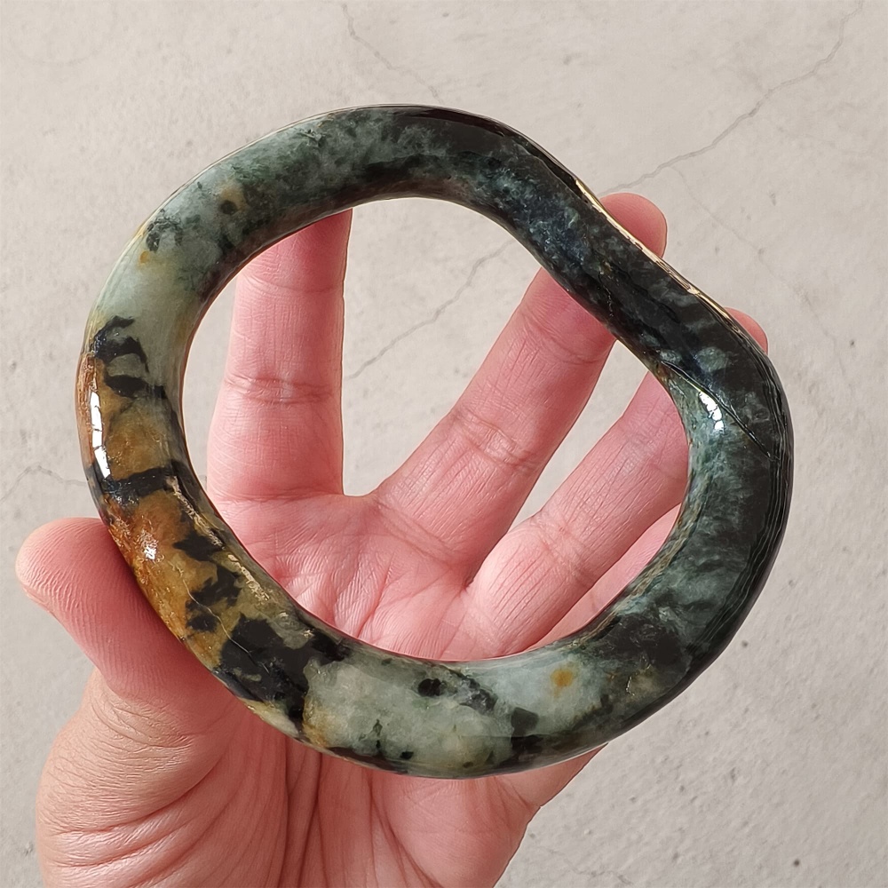 DDP Natural Certificated Multi Color Burmese Jadeite Alien Shape Band Bangle