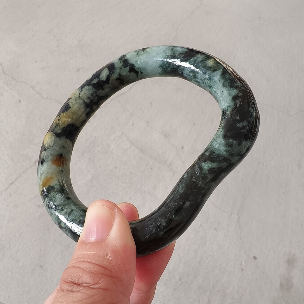 DDP Natural Certificated Multi Color Burmese Jadeite Alien Shape Band Bangle
