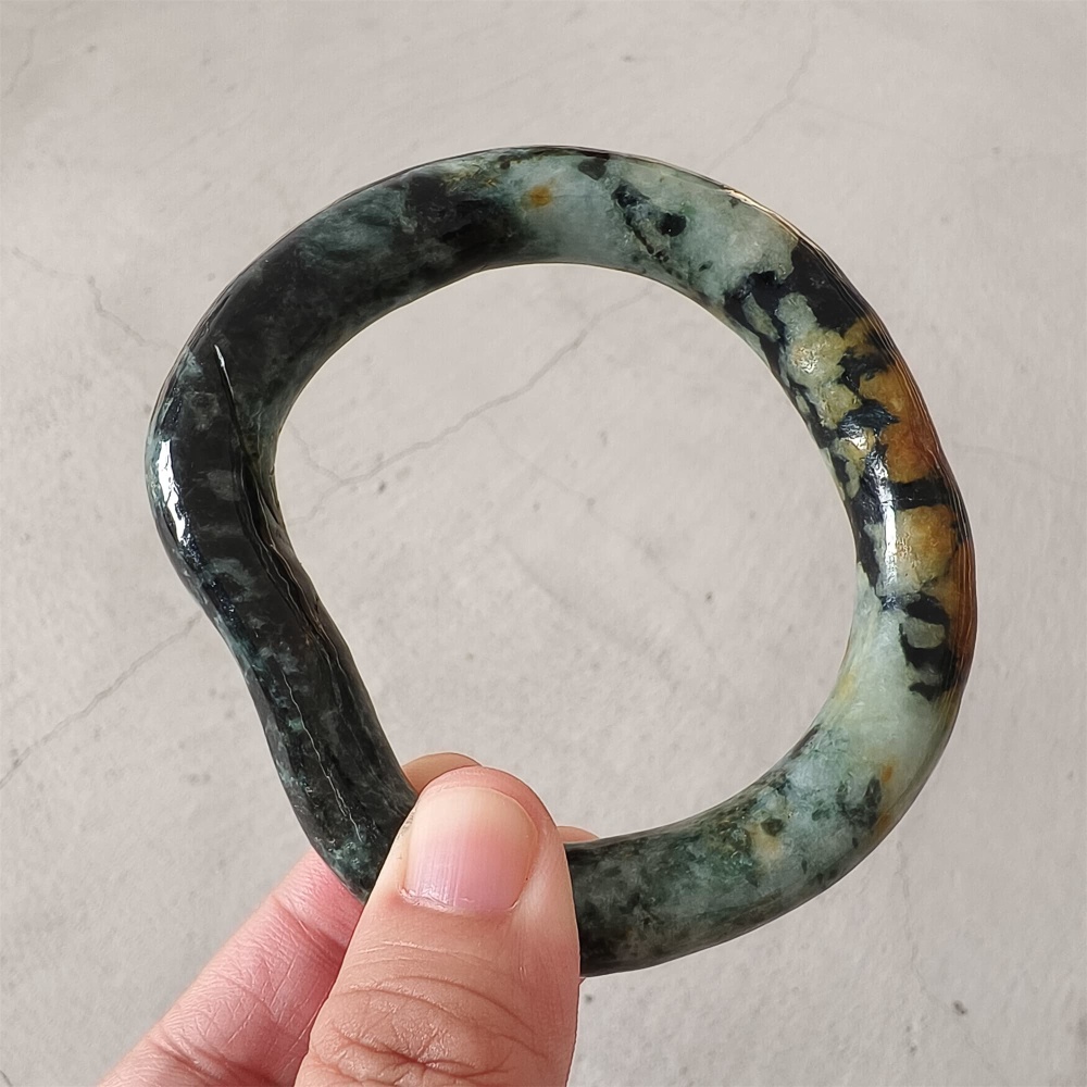 DDP Natural Certificated Multi Color Burmese Jadeite Alien Shape Band Bangle