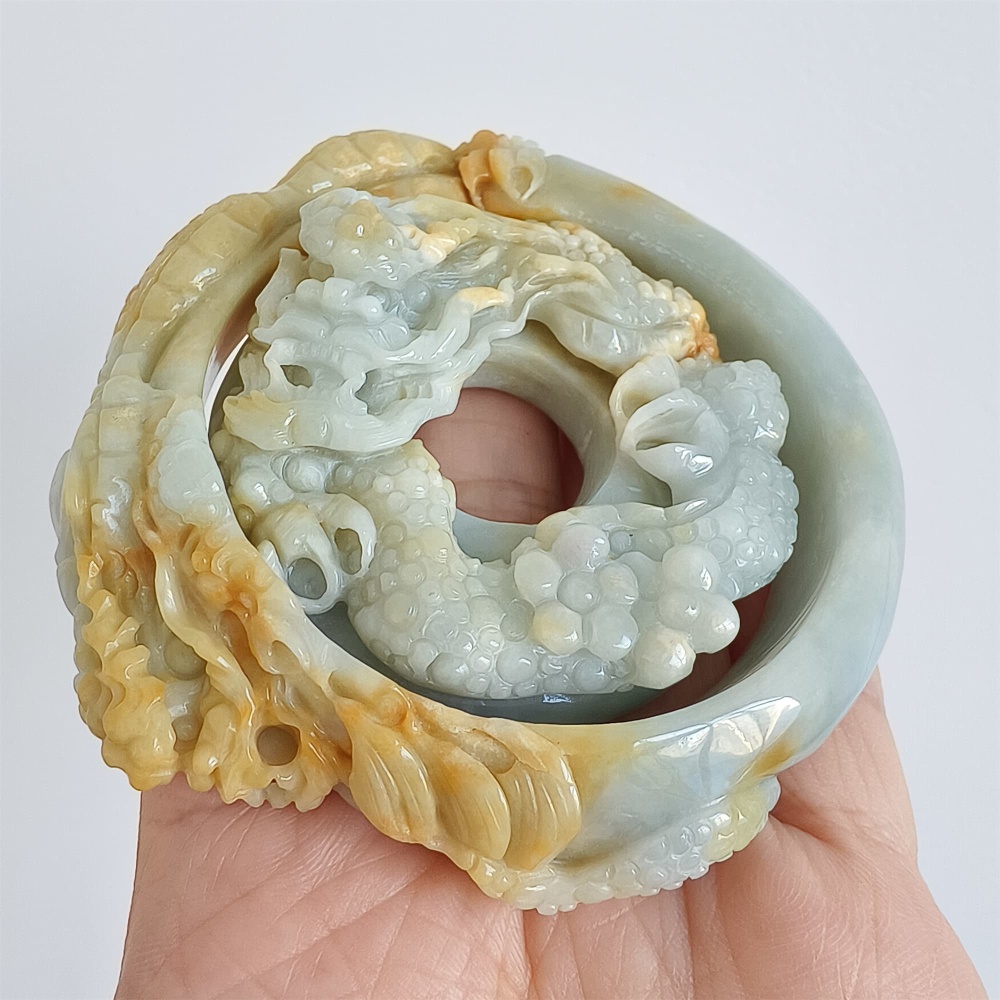 DDP Unique Certificated Natural Hand Carved Light Green Yellow Burmese Jadeite Pendant And Bangle With Dragon Carved