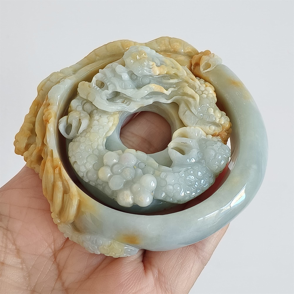 DDP Unique Certificated Natural Hand Carved Light Green Yellow Burmese Jadeite Pendant And Bangle With Dragon Carved