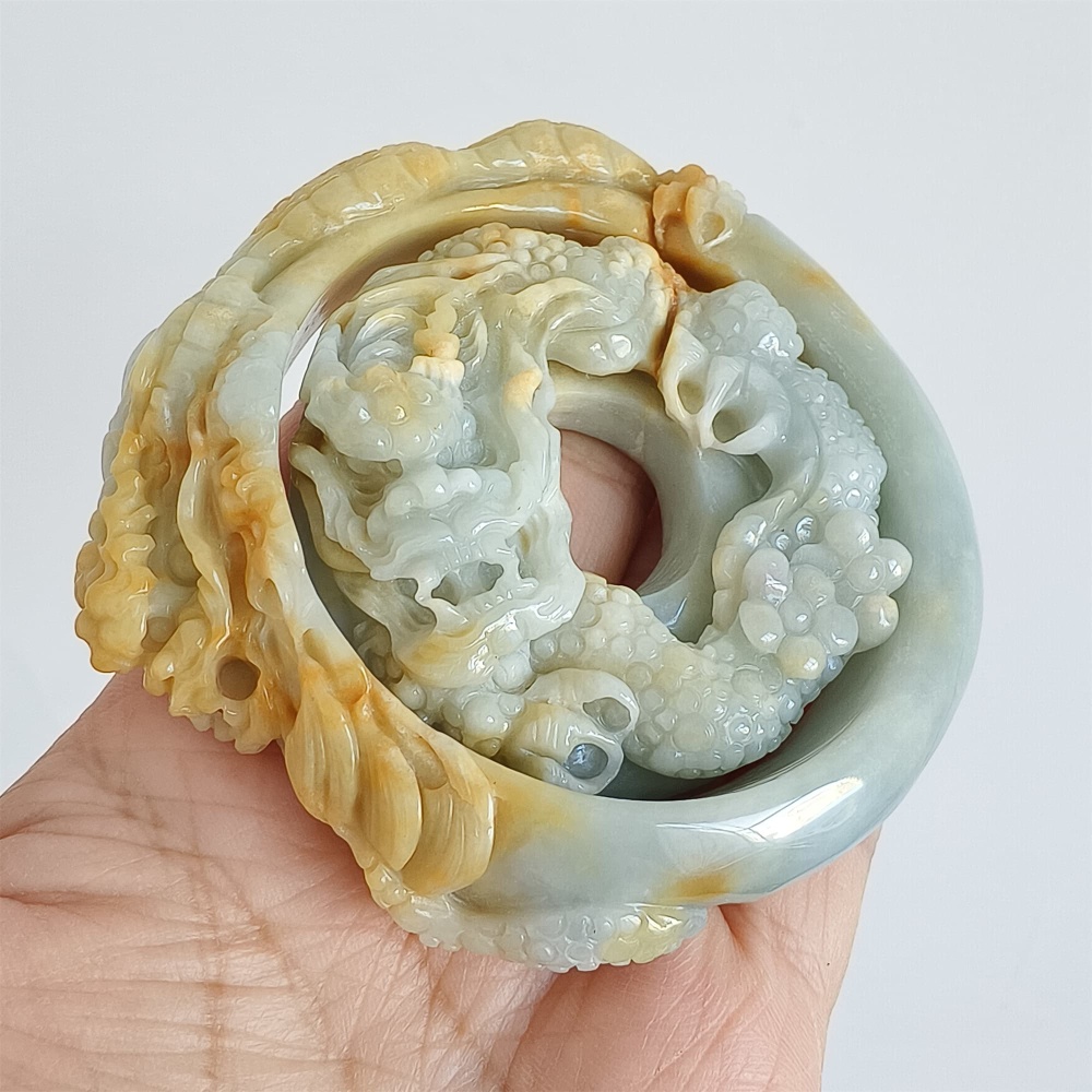 DDP Unique Certificated Natural Hand Carved Light Green Yellow Burmese Jadeite Pendant And Bangle With Dragon Carved