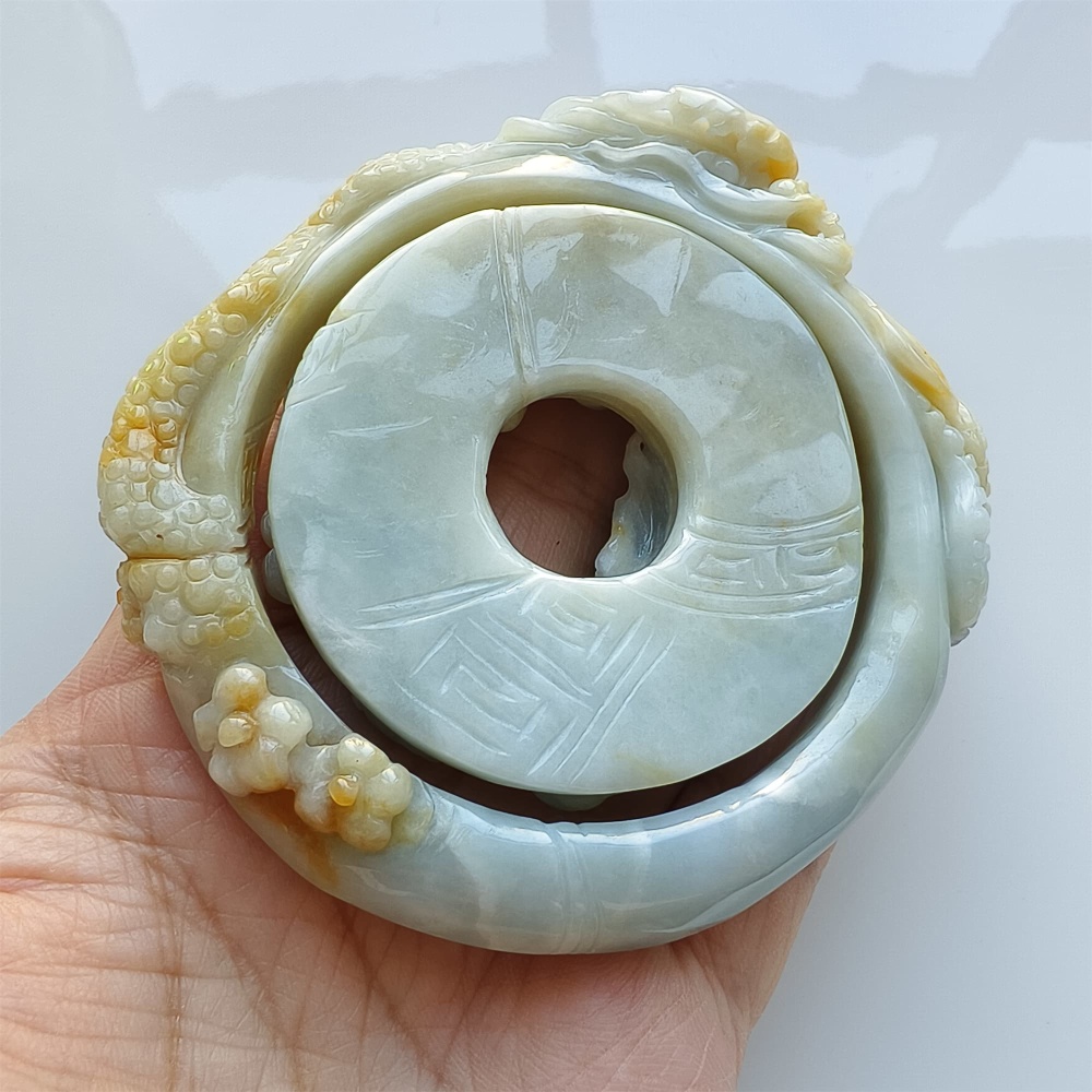 DDP Unique Certificated Natural Hand Carved Light Green Yellow Burmese Jadeite Pendant And Bangle With Dragon Carved