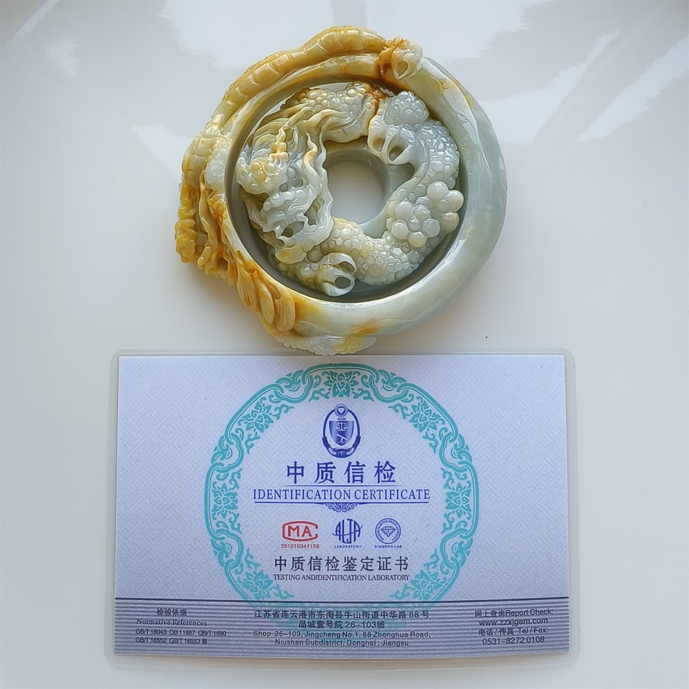 DDP Unique Certificated Natural Hand Carved Light Green Yellow Burmese Jadeite Pendant And Bangle With Dragon Carved