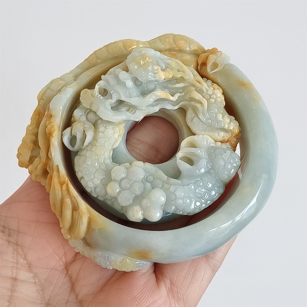 DDP Unique Certificated Natural Hand Carved Light Green Yellow Burmese Jadeite Pendant And Bangle With Dragon Carved