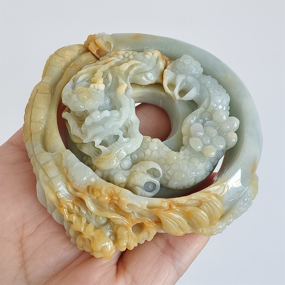 DDP Unique Certificated Natural Hand Carved Light Green Yellow Burmese Jadeite Pendant And Bangle With Dragon Carved