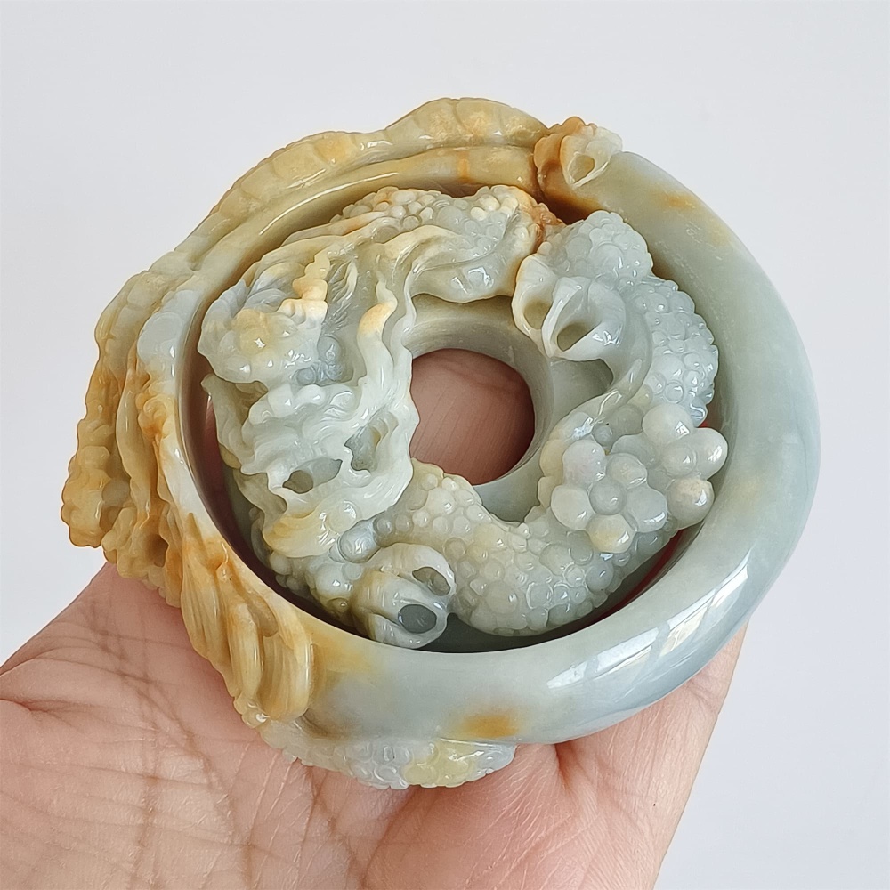 DDP Unique Certificated Natural Hand Carved Light Green Yellow Burmese Jadeite Pendant And Bangle With Dragon Carved