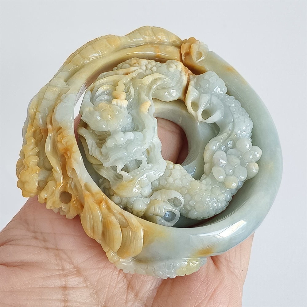DDP Unique Certificated Natural Hand Carved Light Green Yellow Burmese Jadeite Pendant And Bangle With Dragon Carved