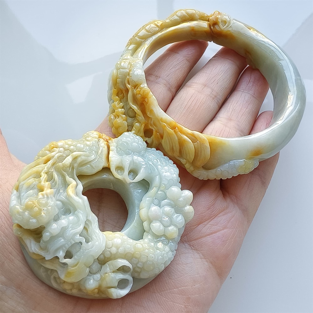 DDP Unique Certificated Natural Hand Carved Light Green Yellow Burmese Jadeite Pendant And Bangle With Dragon Carved