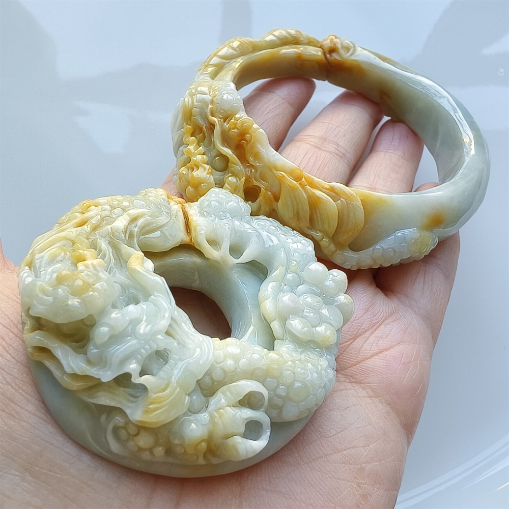 DDP Unique Certificated Natural Hand Carved Light Green Yellow Burmese Jadeite Pendant And Bangle With Dragon Carved