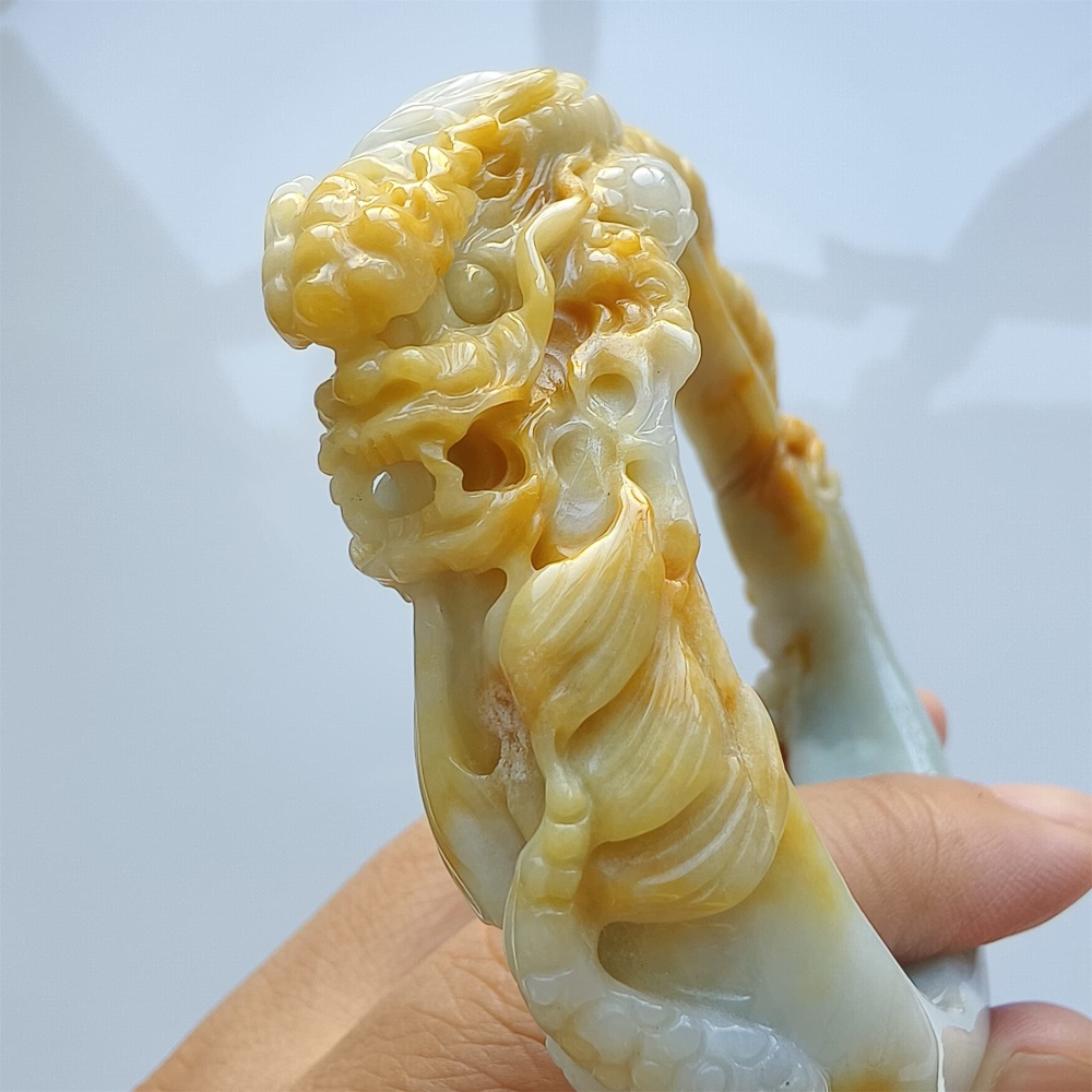 DDP Unique Certificated Natural Hand Carved Light Green Yellow Burmese Jadeite Pendant And Bangle With Dragon Carved