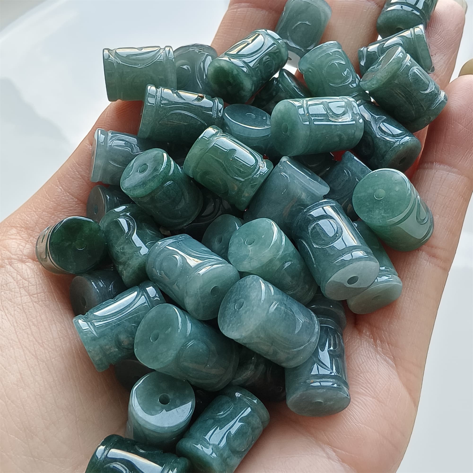 DDP 5pcs 12-14mm Natural Type A Blue Watery Guatemalan Jadeite Big Hole Meander Fretwork Barrel Beads
