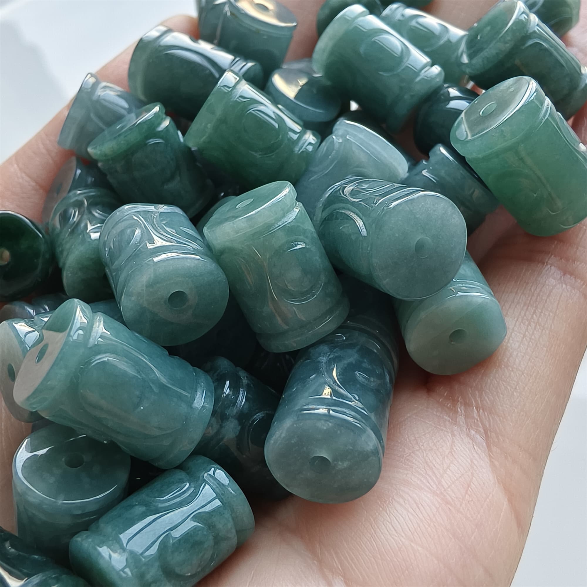 DDP 5pcs 12-14mm Natural Type A Blue Watery Guatemalan Jadeite Big Hole Meander Fretwork Barrel Beads
