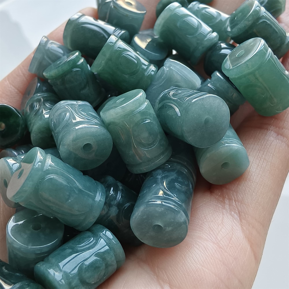 DDP 5pcs 12-14mm Natural Type A Blue Watery Guatemalan Jadeite Big Hole Meander Fretwork Barrel Beads