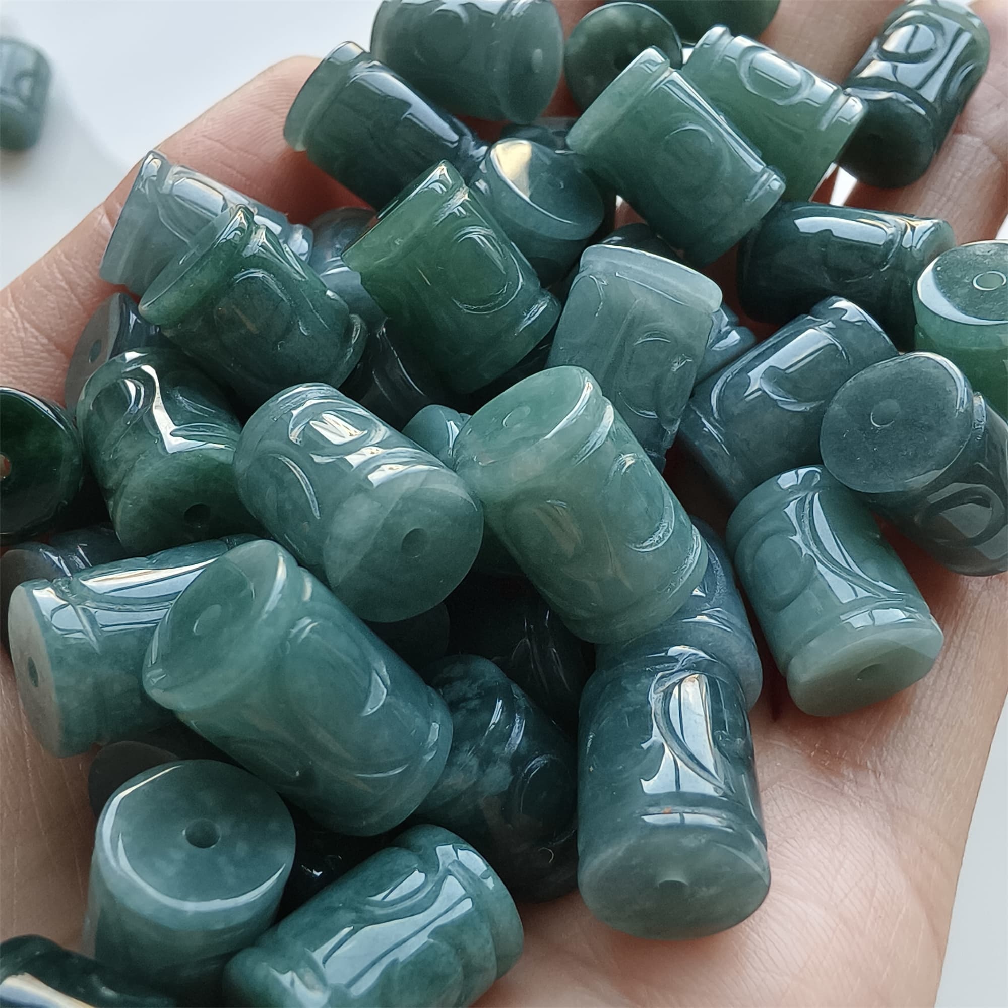 DDP 5pcs 12-14mm Natural Type A Blue Watery Guatemalan Jadeite Big Hole Meander Fretwork Barrel Beads