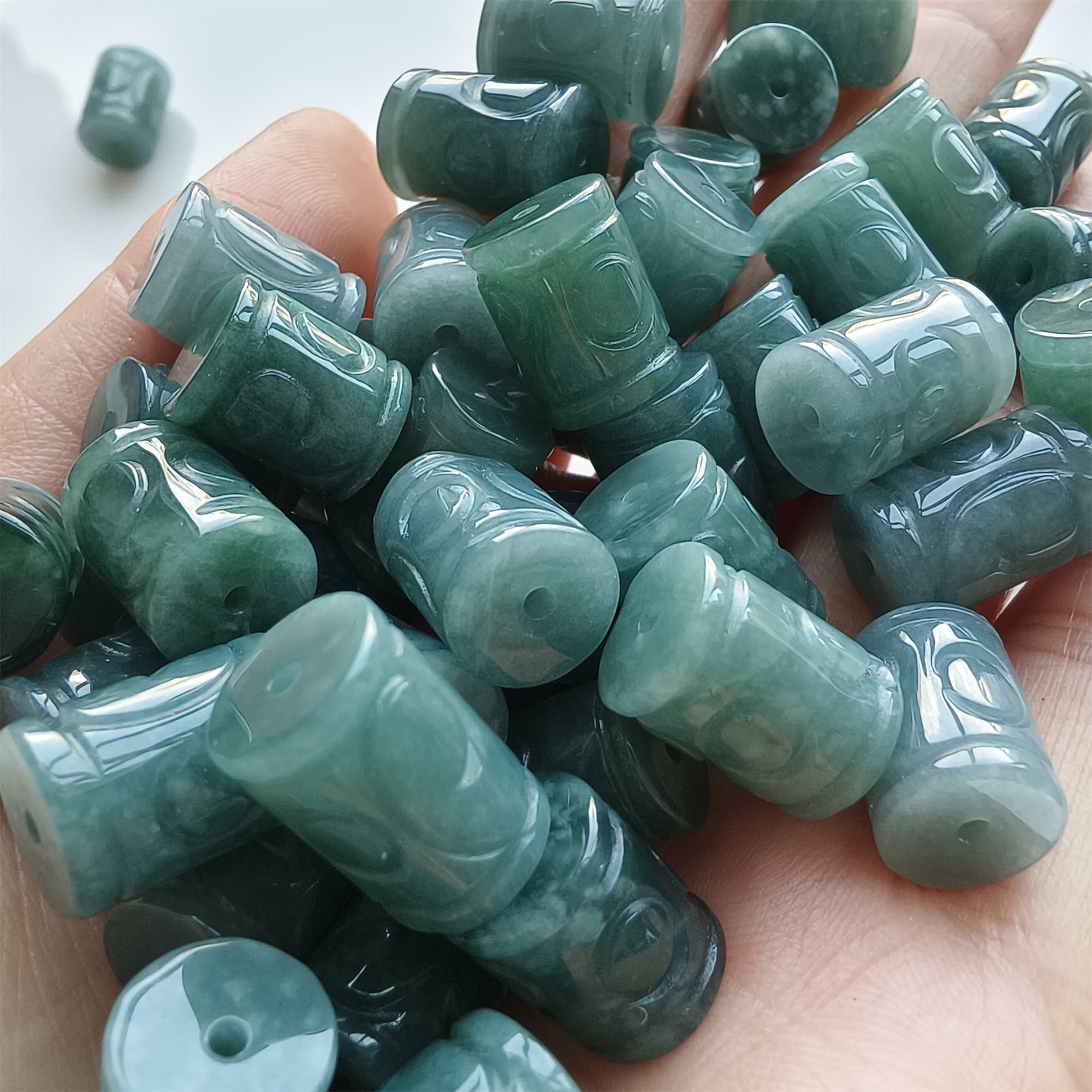 DDP 5pcs 12-14mm Natural Type A Blue Watery Guatemalan Jadeite Big Hole Meander Fretwork Barrel Beads