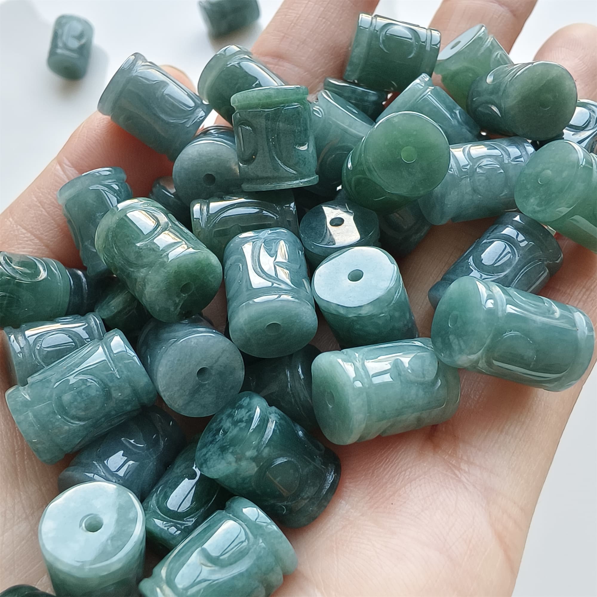 DDP 5pcs 12-14mm Natural Type A Blue Watery Guatemalan Jadeite Big Hole Meander Fretwork Barrel Beads