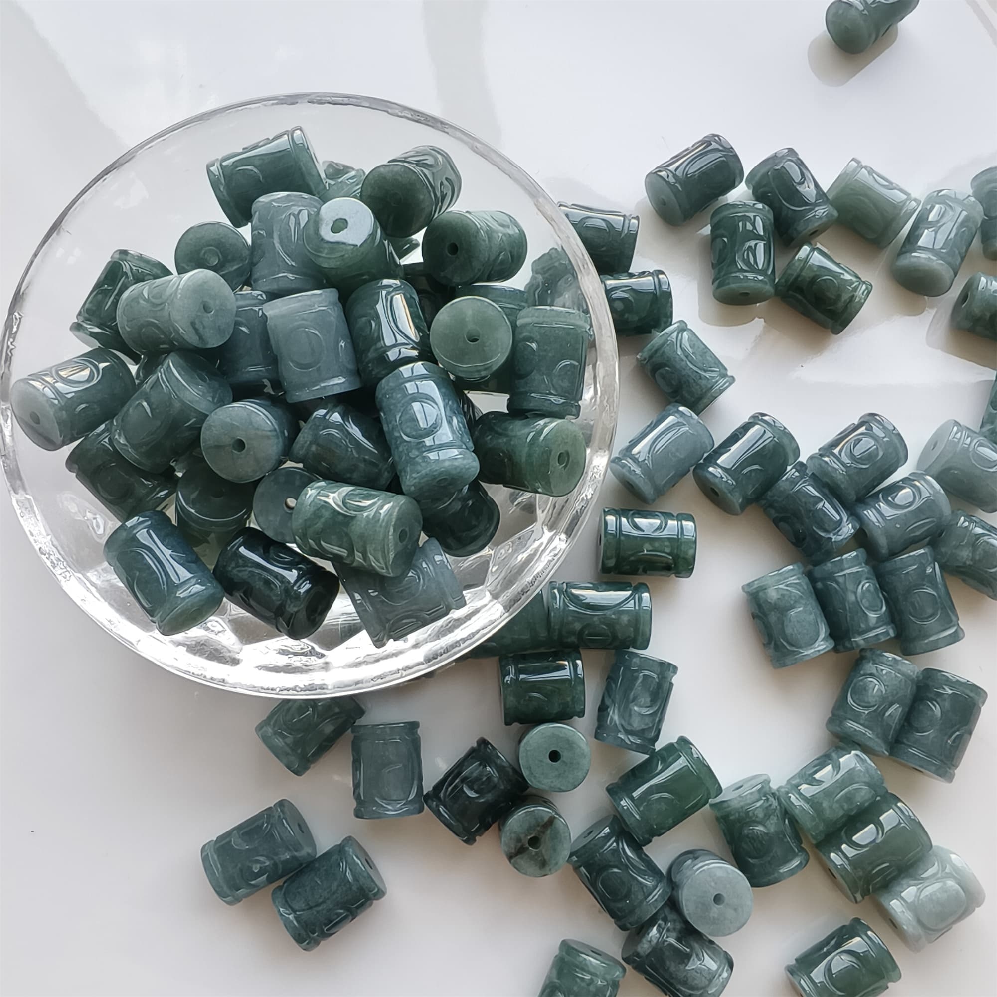 DDP 5pcs 12-14mm Natural Type A Blue Watery Guatemalan Jadeite Big Hole Meander Fretwork Barrel Beads