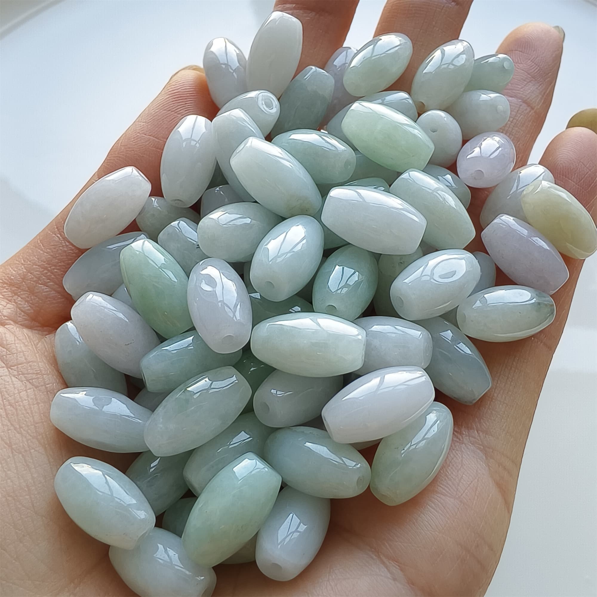 DDP 20pcs 13mm Natural Certificated Type A Green White Burmese Jadeite Smooth Oval Barrel Beads