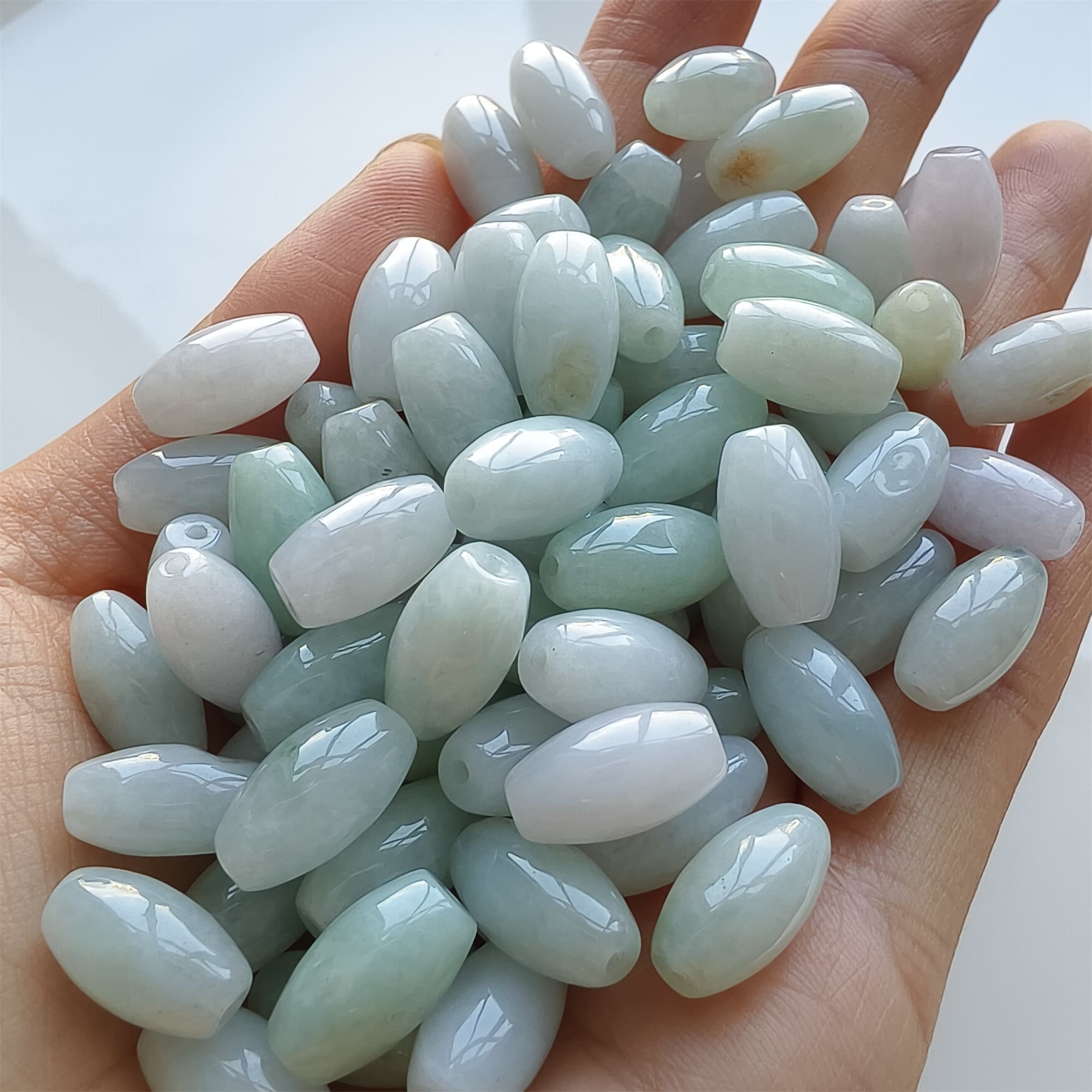 DDP 20pcs 13mm Natural Certificated Type A Green White Burmese Jadeite Smooth Oval Barrel Beads