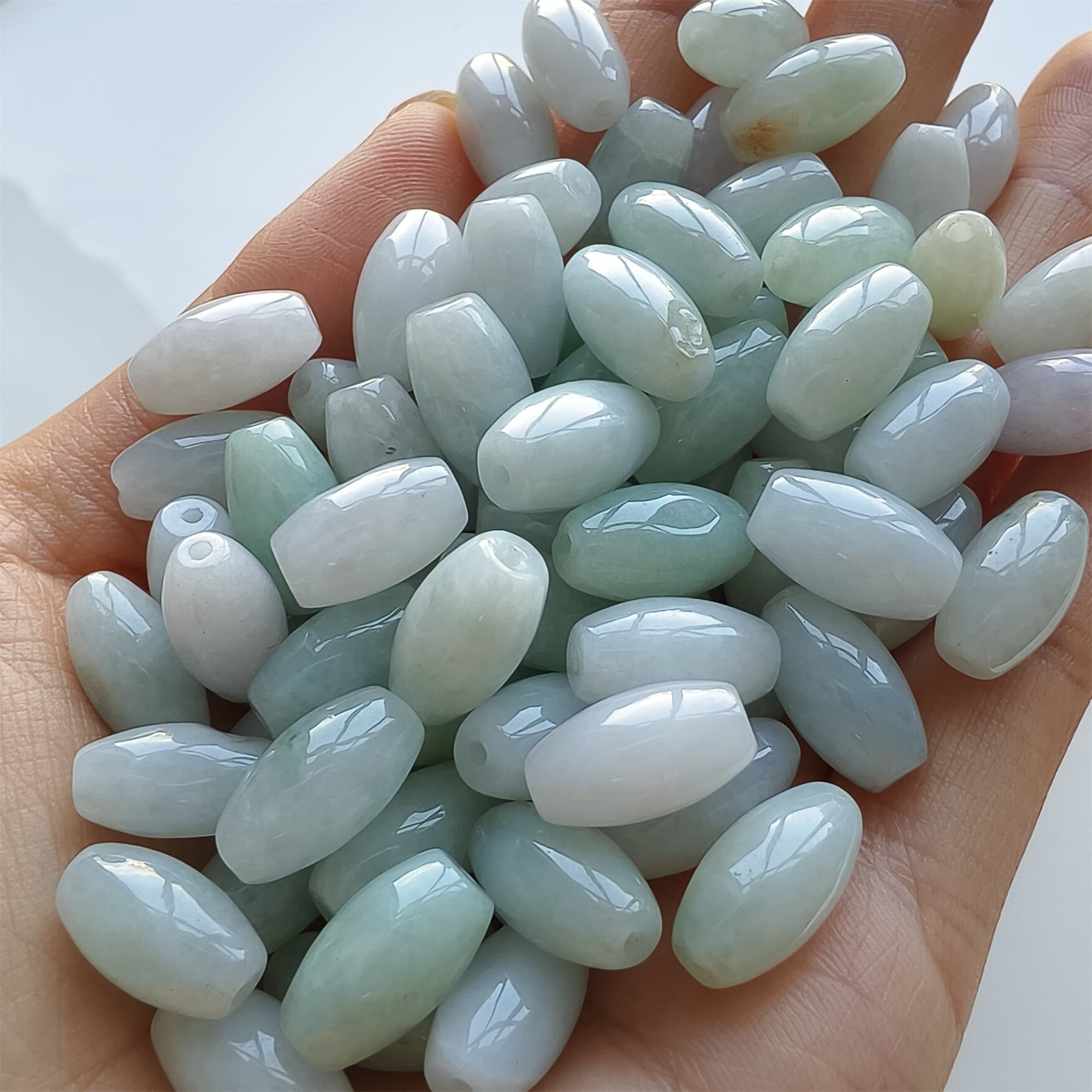 DDP 20pcs 13mm Natural Certificated Type A Green White Burmese Jadeite Smooth Oval Barrel Beads