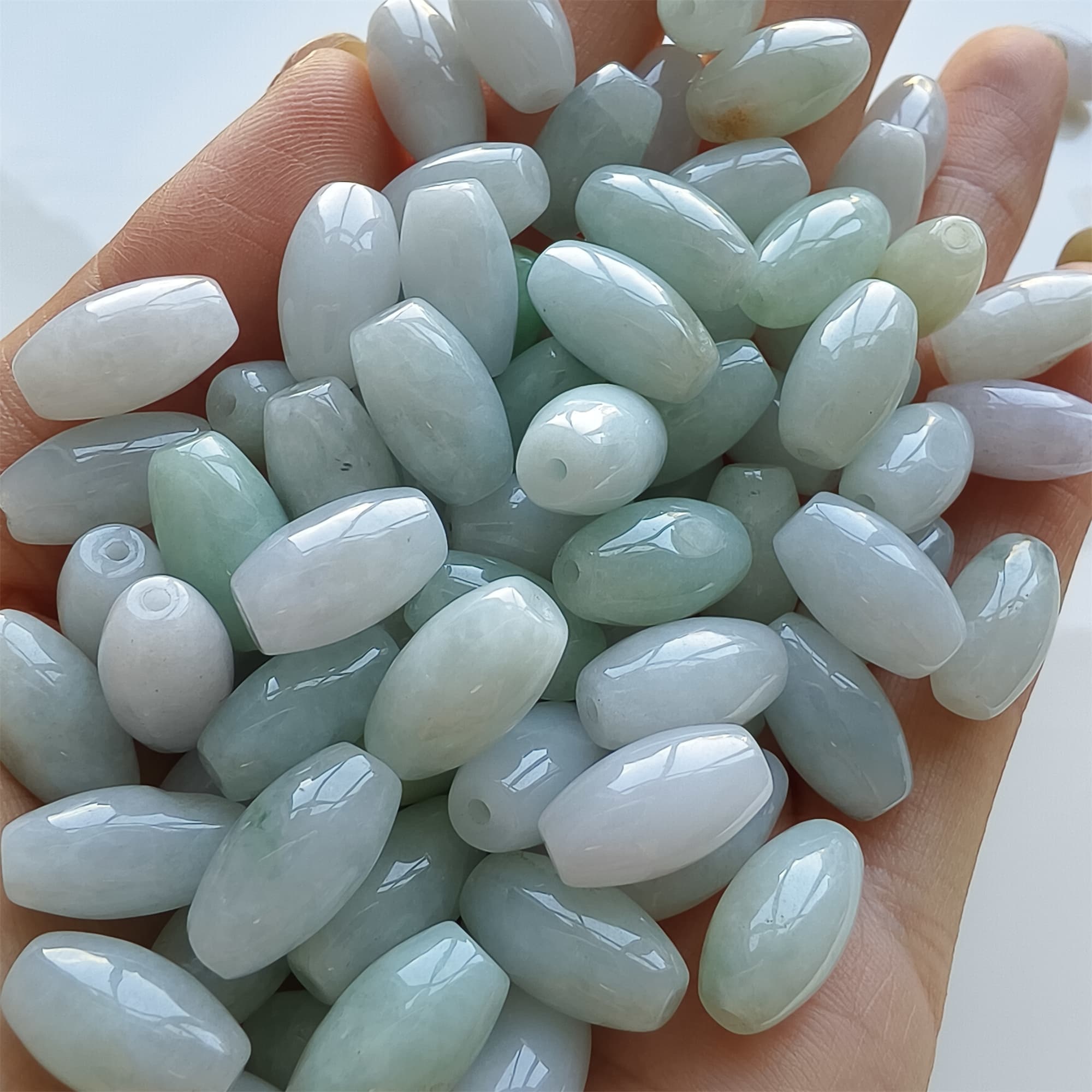 DDP 20pcs 13mm Natural Certificated Type A Green White Burmese Jadeite Smooth Oval Barrel Beads