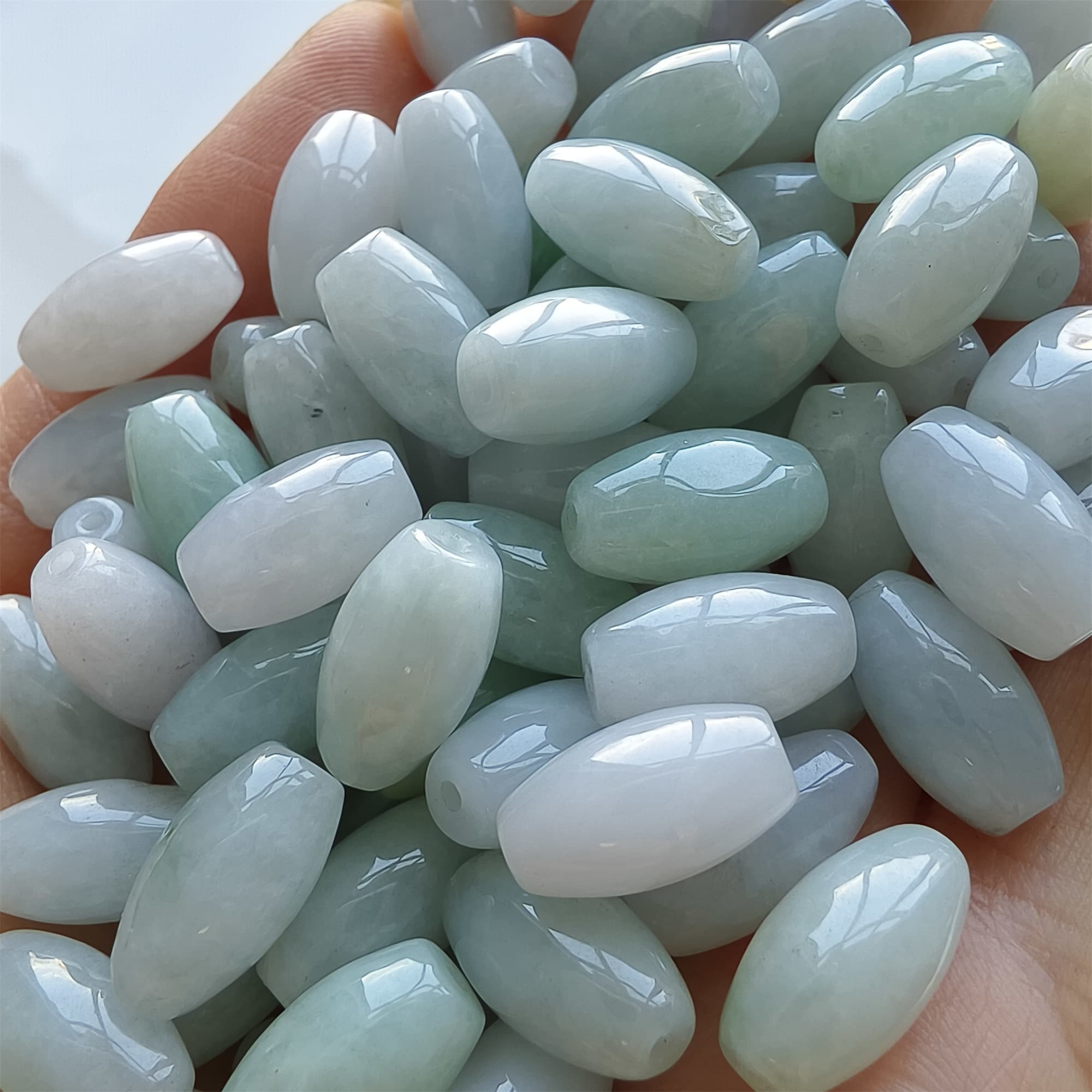 DDP 20pcs 13mm Natural Certificated Type A Green White Burmese Jadeite Smooth Oval Barrel Beads