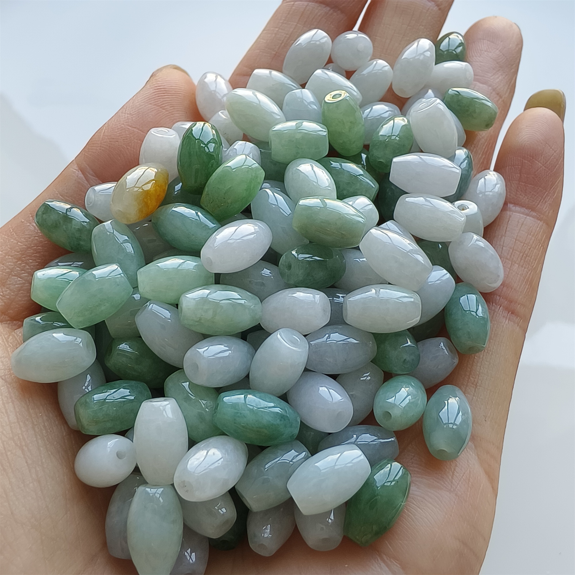 DDP 20pcs 6X9mm Natural Certificated Type A Green White Burmese Jadeite Smooth Oval Barrel Beads