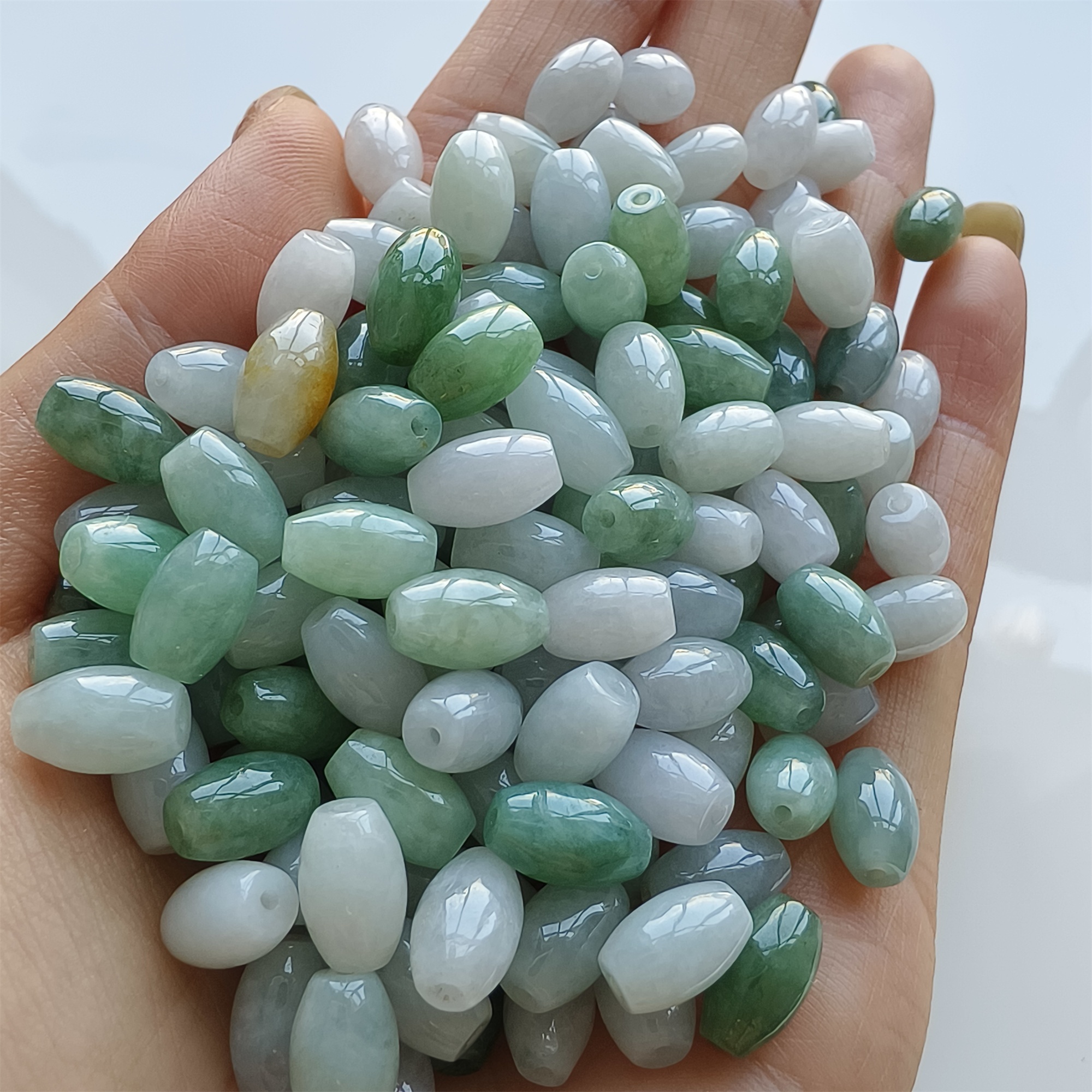 DDP 20pcs 6X9mm Natural Certificated Type A Green White Burmese Jadeite Smooth Oval Barrel Beads