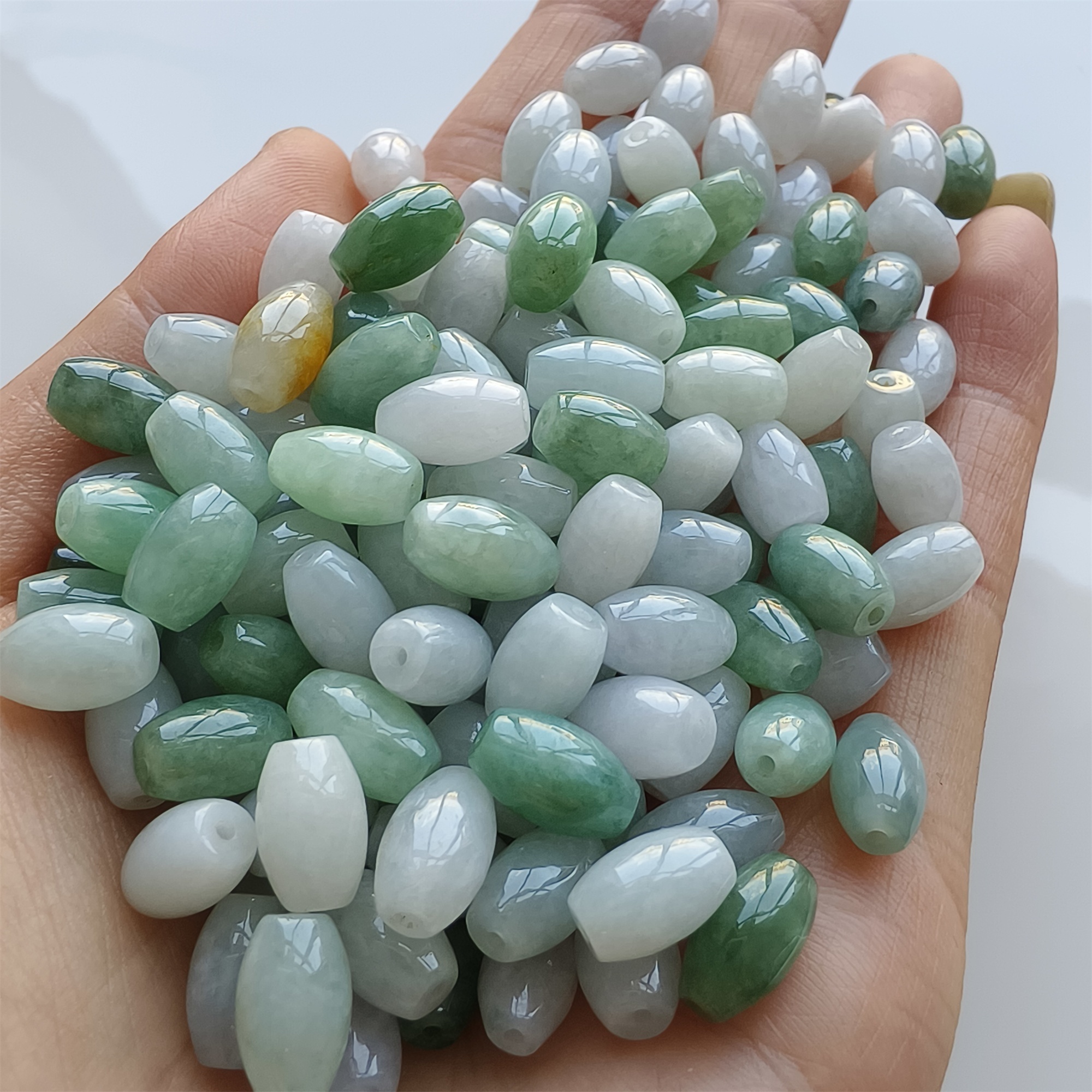 DDP 20pcs 6X9mm Natural Certificated Type A Green White Burmese Jadeite Smooth Oval Barrel Beads