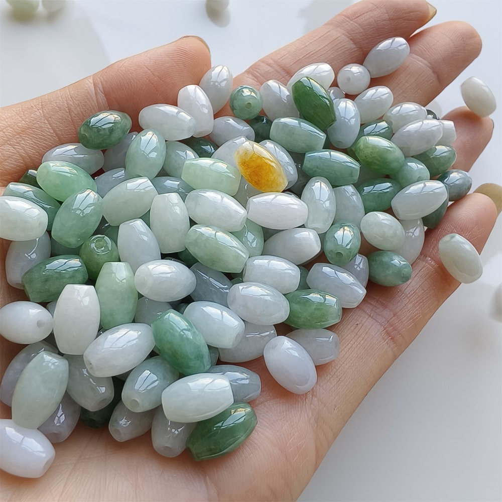 DDP 20pcs 6X9mm Natural Certificated Type A Green White Burmese Jadeite Smooth Oval Barrel Beads