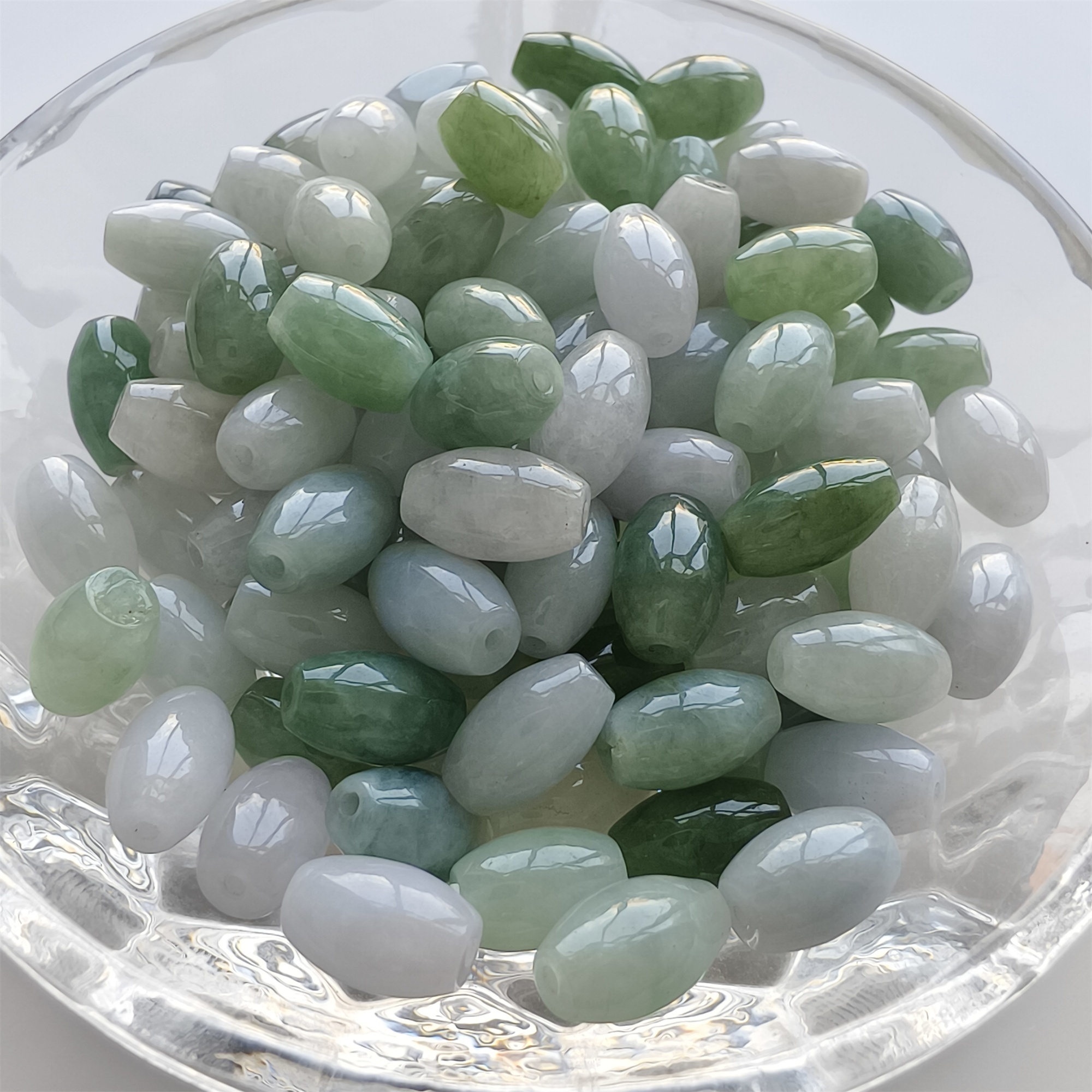 DDP 20pcs 6X9mm Natural Certificated Type A Green White Burmese Jadeite Smooth Oval Barrel Beads