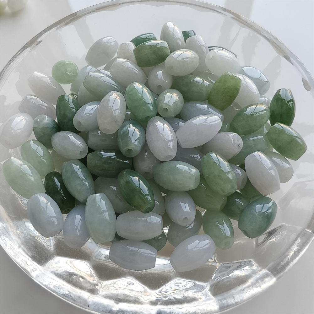 DDP 20pcs 6X9mm Natural Certificated Type A Green White Burmese Jadeite Smooth Oval Barrel Beads